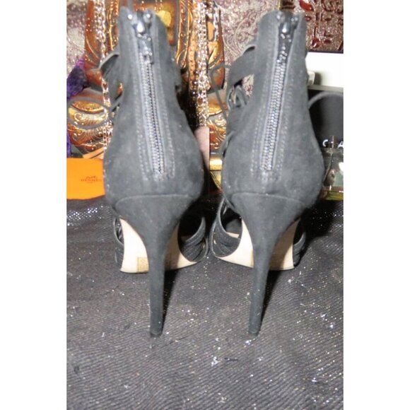 Aldo Shaylla Classic Black Vegan Suede Peep Toe Caged Back Zip Pumps sz 8 - Picture 12 of 13